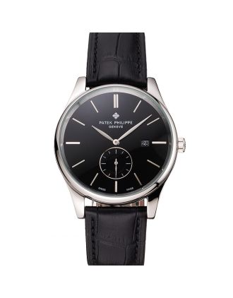 Patek Philippe Calatrava Date Black Dial Stainless Steel Case Black Leather Strap