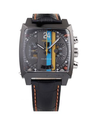 Tag Heuer Swiss Monaco Black Leather Strap Blue-Yellow Striped Black Dial