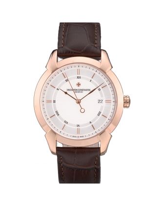 Swiss Vacheron Constantin Traditionnelle White Dial Rose Gold Case Brown Leather Bracelet