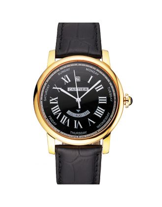 Swiss Cartier Rotonde Annual Calendar Black Dial Gold Case Black Leather Strap