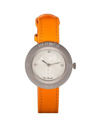 Hermes Classic MOP Dial Orange Leather Bracelet 801390