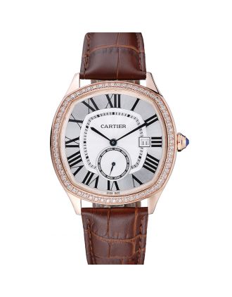 Cartier Drive De Cartier White Dial Silver Diamond Case Brown Leather Bracelet 1454216