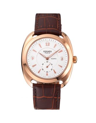 Hermes Dressage White Dial Rose Gold Case Brown Leather Strap