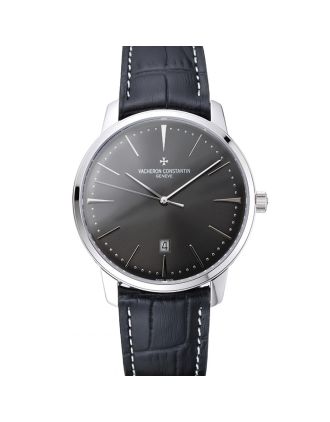 Swiss Vacheron Constantin Patrimony Grey Dial Silver Case Black Leather Bracelet 1454160