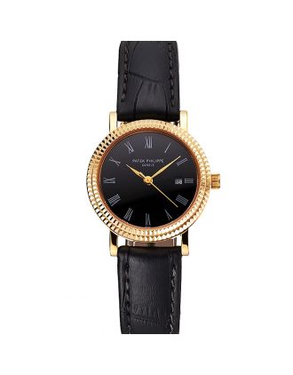 Patek Philippe Calatrava Black Dial Roman Numerals Double Ribbed Bezel Gold Case Black Leather Strap