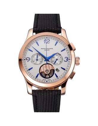Patek Philippe Chronograph White Guilloche Dial Rose Gold Case Black Leather Strap