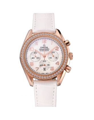 Omega Speedmaster White Dial Rose Gold Case Diamond Bezel White Leather Strap