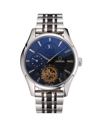 Omega De Ville Moonphase Tourbillon Black Dial Stainless Steel Case Two Tone Black Steel Bracelet