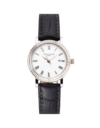 Patek Philippe Calatrava White Dial Roman Numerals Double Ribbed Bezel Stainless Steel Case Black Leather Strap