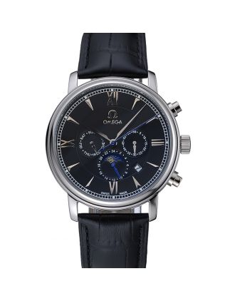 Omega De Ville Moonphase Black Dial Silver Case Black Leather Bracelet 1454225