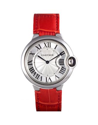 Cartier Ballon Bleu Silver Bezel with White Dial Red Leather Band 621551