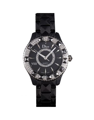 Dior VIII Diamond Encrusted Black Bezel Black Bracelet cd09 621362