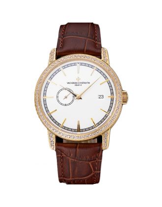 Swiss Vacheron Constantin Patrimony Contemporaine Gold Diamond Case White Dial Brown Leather Bracelet 622686