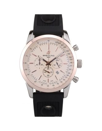 Breitling Transocean White Dial Black Rubber Strap Rose Gold Bezel
