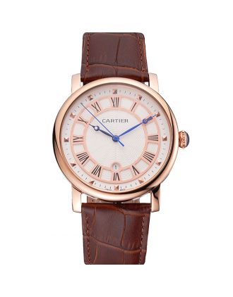 Cartier Rotonde Date White Dial Rose Gold Case Brown Leather Strap
