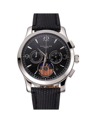 Patek Philippe Chronograph Black Guilloche Dial Stainless Steel Case Black Leather Strap