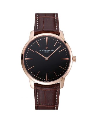 Swiss Vacheron Constantin Patrimony Grand Taille Black Dial Rose Gold Case Brown Leather Bracelet 1454169