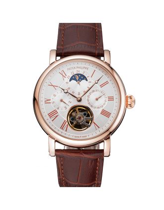 Patek Philippe Grand Complications Moonphase Perpetual Calendar Tourbillon White Dial Rose Gold Case Brown Leather Strap