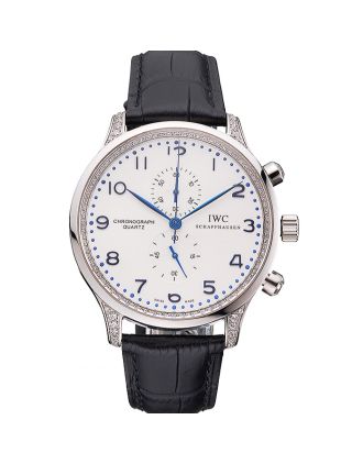 IWC Portugieser Chronograph White Dial Blue Hands And Numerals Steel Case With Diamonds Black Leather Strap