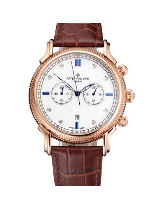 Patek Philippe Chronograph White Dial With Blue And Diamond Markings Rose Gold Case Brown Leather Strap