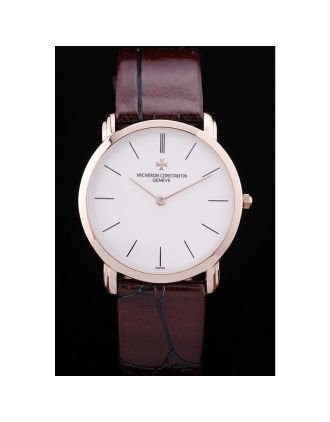 Vacheron Constantin Patrimony White Dial Rose Gold Case Rich Maroon Leather Bracelet