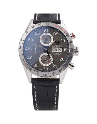 Tag Heuer Swiss Carrera Tachymeter Bezel Black Leather Strap Checkered Brown Dial