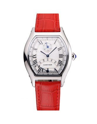 Cartier Tortue Perpetual Calendar White Dial Stainless Steel Case Red Leather Strap