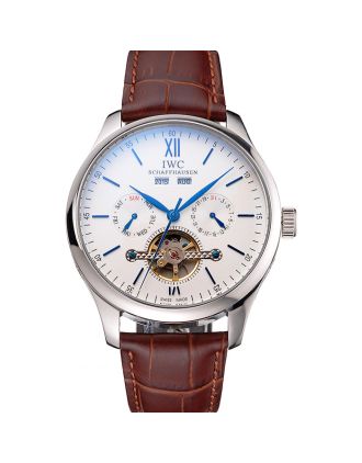 IWC Portofino Tourbillon White Dial Blue Markings Stainless Steel Case Brown Leather Strap