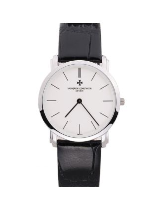 Vacheron Constantin Patrimony White Stainless Steel Case Black Leather Bracelet
