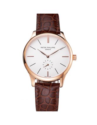 Patek Philippe Calatrava White Dial Rose Gold Case Brown Leather Strap