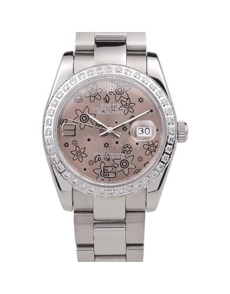 Rolex Datejust Polished Stainless Steel Brown Flowers Dial Diamond Plated