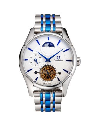 Omega De Ville Moonphase Tourbillon White Dial Stainless Steel Case Two Tone Steel Blue Bracelet