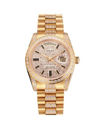 Swiss Rolex Day Date Yellow Gold Diamond Pave