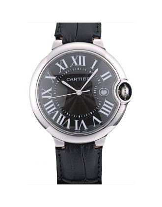 Cartier Ballon Bleu 42mm Black Dial Stainless Steel Case Black Leather Bracelet