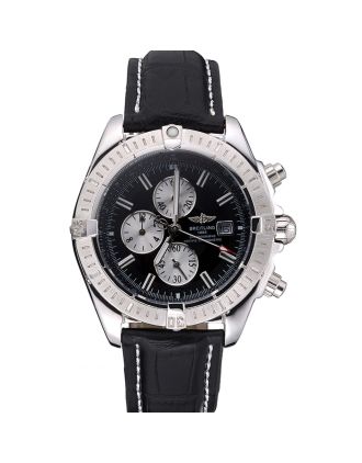 Breitling Chronomat 13 Stainless Steel Case Black Dial Black Leather Bracelet 622237