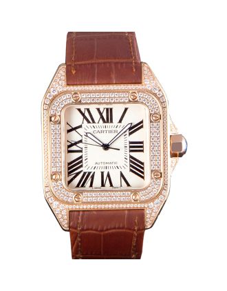 Swiss Cartier Santos Rose Gold Bezel with Diamonds and Brown Leather Strap sct46 621530