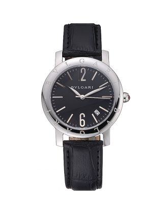 Bvlgari Black Dial Stainless Steel Case Black Leather Bracelet 622431