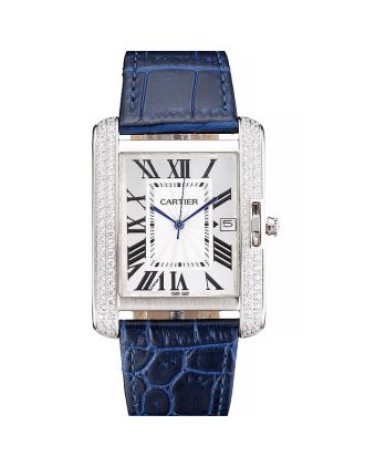 Cartier Tank Anglaise 36mm White Dial Diamonds Steel Case Blue Leather Bracelet
