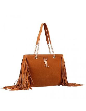 Saint Laurent Monogram Fringe Suede Chain Strap Tote Tan