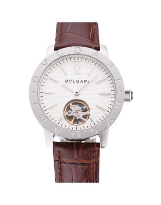 Bvlgari Tourbillon White Dial Silver Case Brown Leather Strap