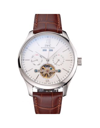 IWC Portofino Tourbillon White Dial Stainless Steel Case Brown Leather Strap