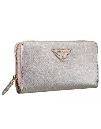 Prada Saffiano Leather Zip Around Small Silver Wallet