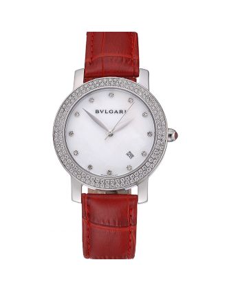 Bvlgari White Dial Diamond Case Red Leather Bracelet 622437