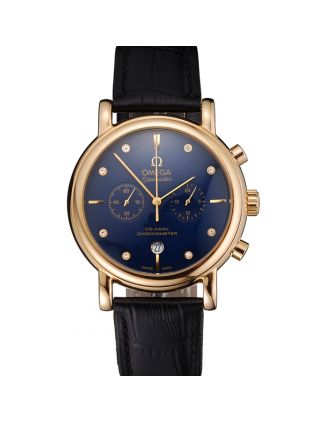 Omega Seamaster Vintage Chronograph Blue Dial Diamond Hour Marks Gold Case Black Leather Strap