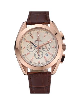 Omega Seamaster Aqua Terra Chronograph Ivory Dial Gold Case Brown Leather Bracelet 622530