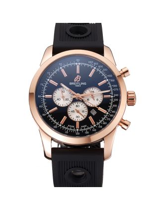 Breitling Transocean Black Dial Black Rubber Strap Rose Gold Bezel 98207