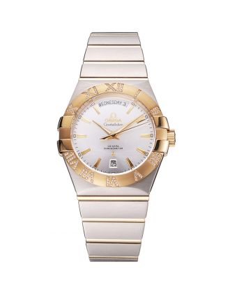 Swiss Omega Constellation White Dial Stainless Steel Case Gold Bezel Two Tone Bracelet