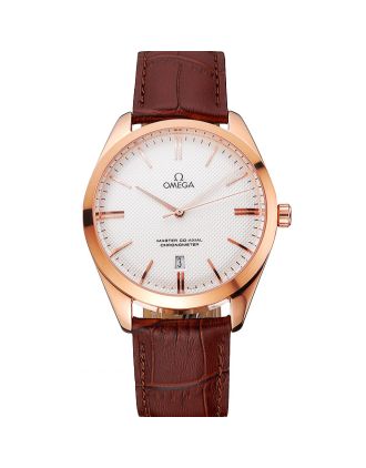 Omega Tresor Master Co-Axial White Dial Rose Gold Case Brown Leather Strap