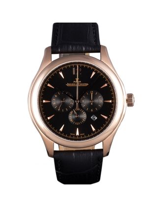 Jaeger Lecoultre Master Chronograph Gold Bezel Black Leather Band 621619