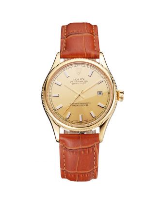 Swiss Rolex Datejust Gold Dial Gold Case Light Brown Leather Strap